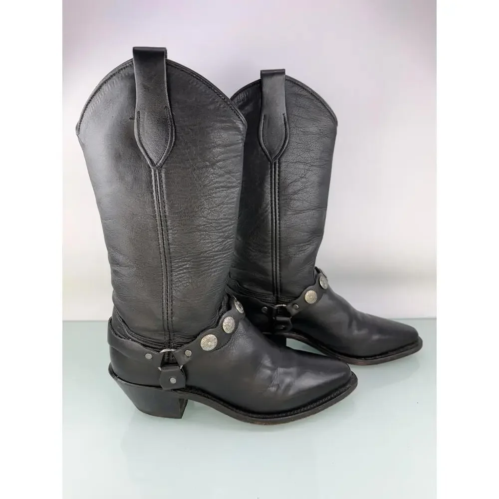 Abilene Black Leather Harness Concho Western‎ Cowgirl Boots USA 5.5M